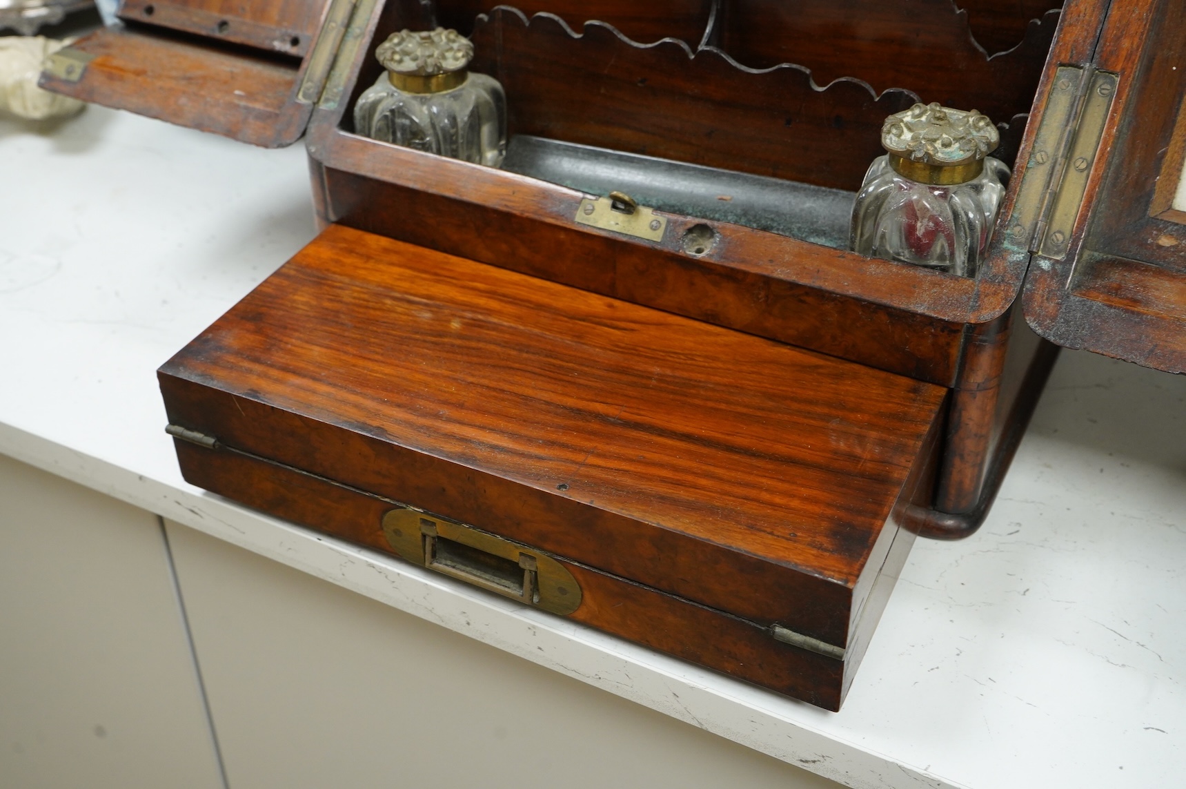 A Victorian burr wood stationary casket with calendar and two glass ink wells, 35cm high